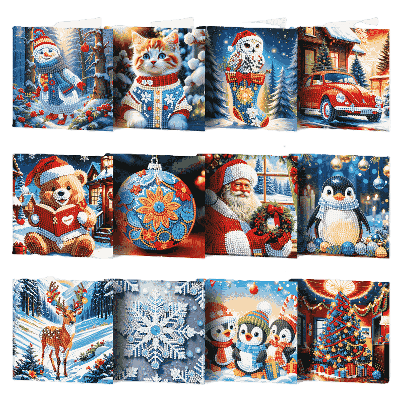 12 Kerstkaarten   Kerstman & Diertjes set
