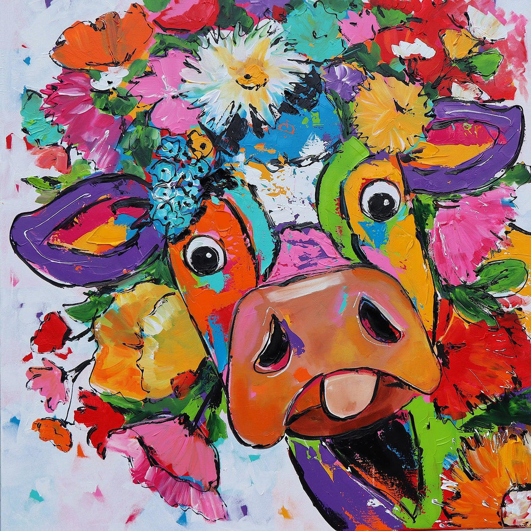 Vrolijk Schilderij   Koe Met Bloemen