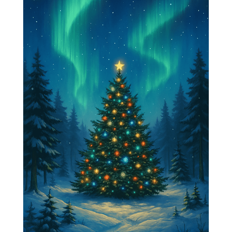 Kerstboom en noorderlicht Diamond Painting