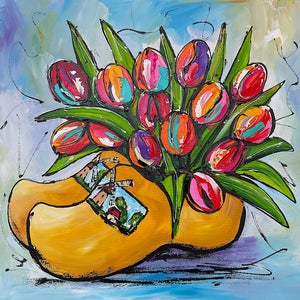 Vrolijk Schilderij - Tulpen In Klompen