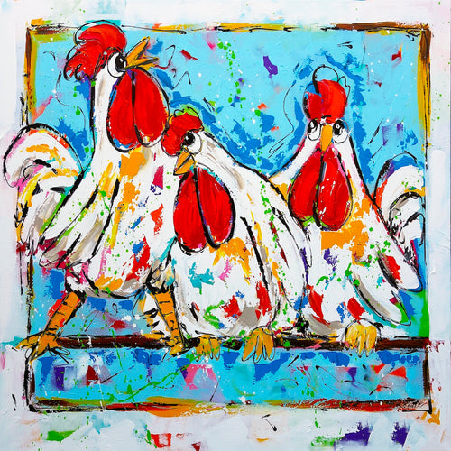 Vrolijk Schilderij - Drie Kippen