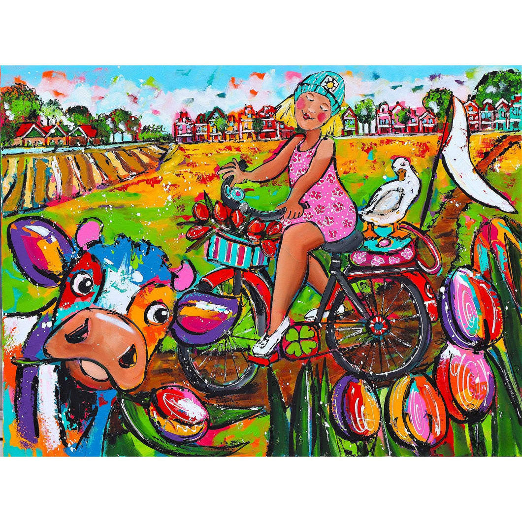 Vrolijk Schilderij   Koe En Fietser