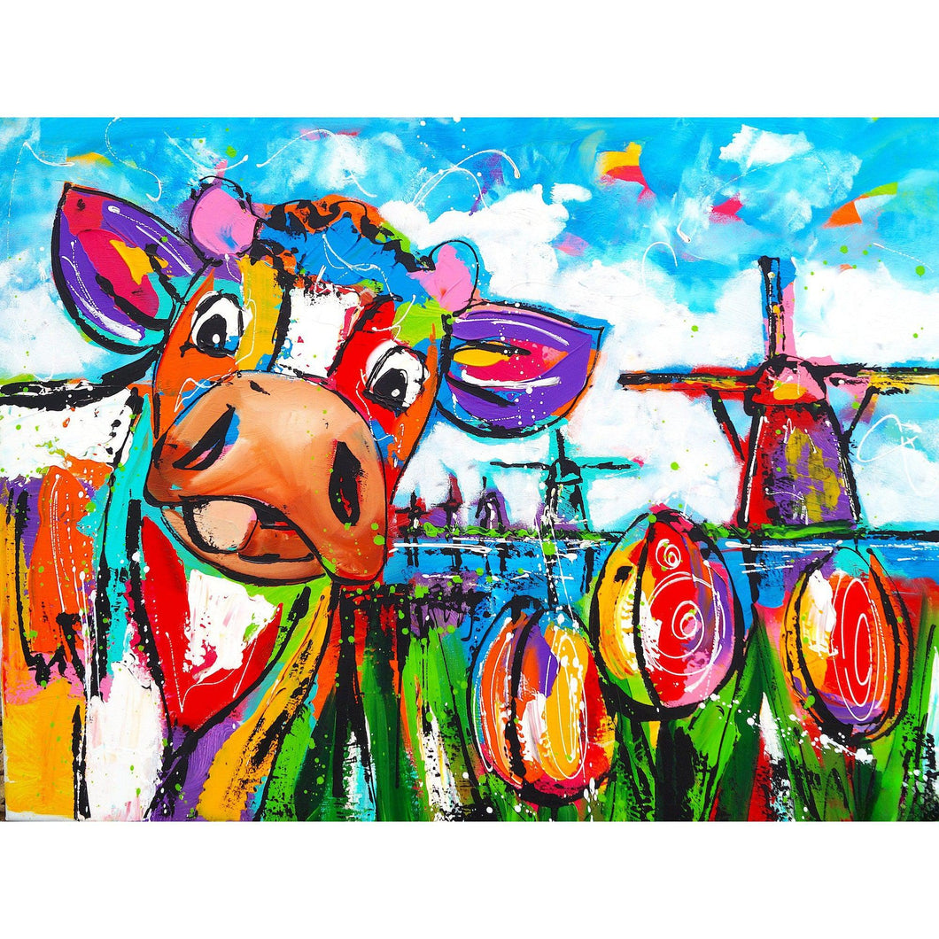 Vrolijk Schilderij   Koe Met Molen
