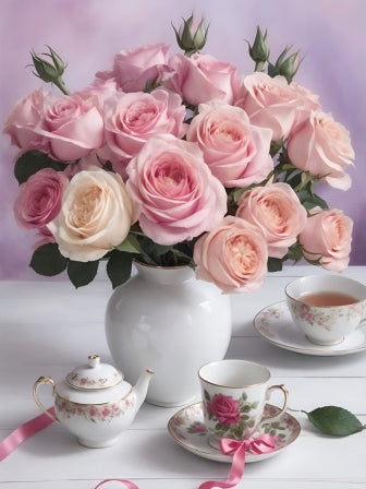 Vaas met roze rozen