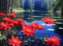 Foto laden in Gallery viewer, Rode bloemen bij meer