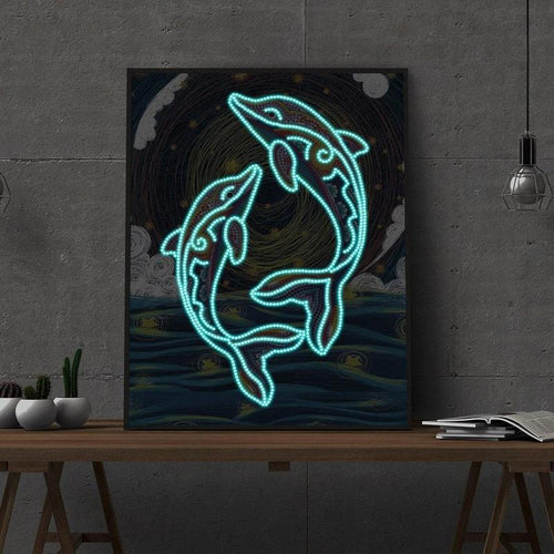 Dolfijnen | Glow in the dark 30x40cm Diamond painting | Eigen foto | Dieren | Kopen | Dikke dames | Action | Nederland | Steentjes | Diamant | De Diamond Painter
