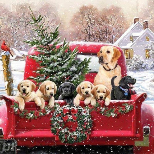 Honden in kerstauto Diamond painting | Eigen foto | Dieren | Kopen | Dikke dames | Action | Nederland | Steentjes | Diamant | De Diamond Painter