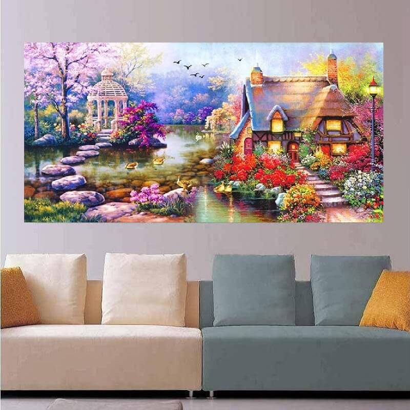 Knus huisje met pad over water v.a. 50x100cm Diamond painting | Eigen foto | Dieren | Kopen | Dikke dames | Action | Nederland | Steentjes | Diamant | De Diamond Painter