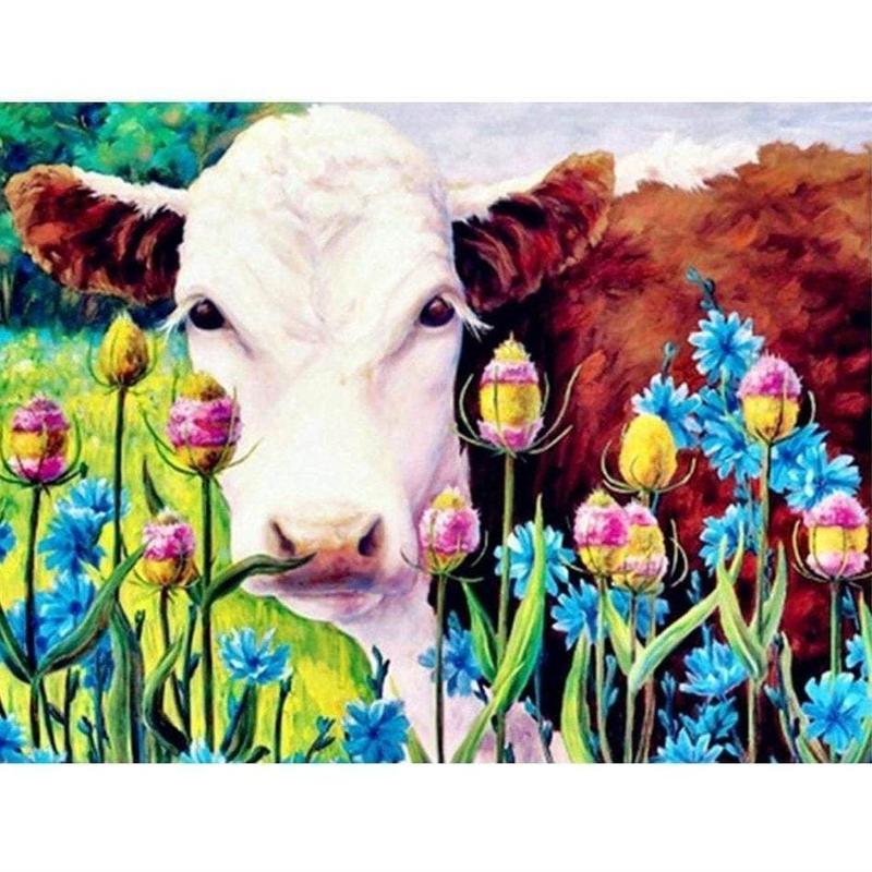 Koe met bloemen Diamond painting | Eigen foto | Dieren | Kopen | Dikke dames | Action | Nederland | Steentjes | Diamant | De Diamond Painter