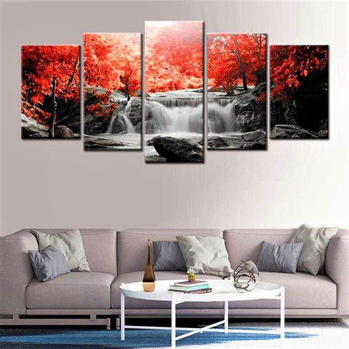 Rode bomen bij waterval | 5 luiken Diamond painting | Eigen foto | Dieren | Kopen | Dikke dames | Action | Nederland | Steentjes | Diamant | De Diamond Painter