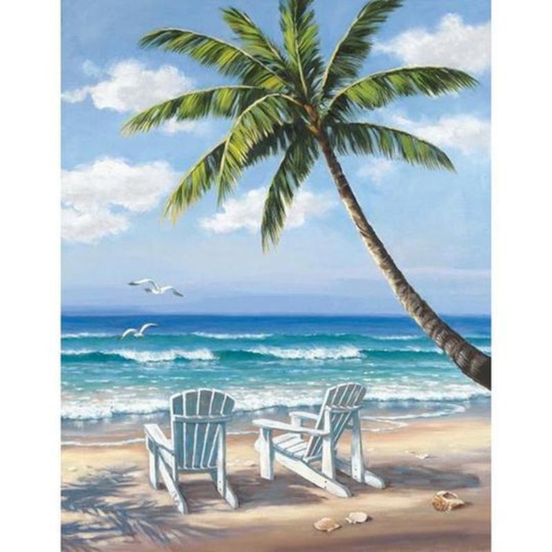 Strand met palmboom Diamond painting | Eigen foto | Dieren | Kopen | Dikke dames | Action | Nederland | Steentjes | Diamant | De Diamond Painter