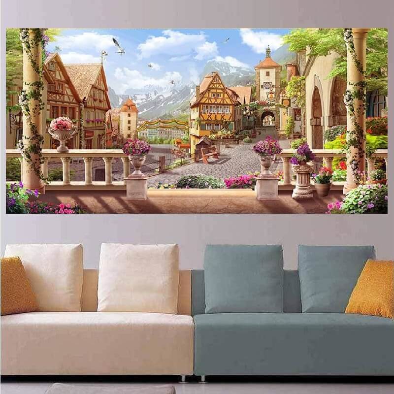 Uitzicht op dorp va. 50x100cm Diamond painting | Eigen foto | Dieren | Kopen | Dikke dames | Action | Nederland | Steentjes | Diamant | De Diamond Painter