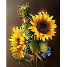 Foto laden in Gallery viewer, Zonnebloem met blauwe vlinder Diamond painting | Eigen foto | Dieren | Kopen | Dikke dames | Action | Nederland | Steentjes | Diamant | De Diamond Painter